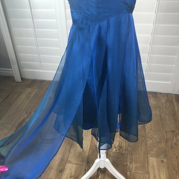 La Femme Strapless Cocktail Dress BlueTurquoise Iridescent Mini 8 Chiffon Panels - Picture 7 of 13
